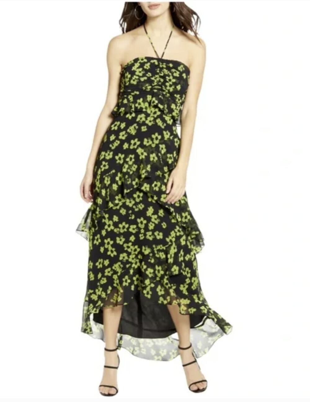 WAYF Zander Floral Print Halter Neck Lime Green Black Midi Dress